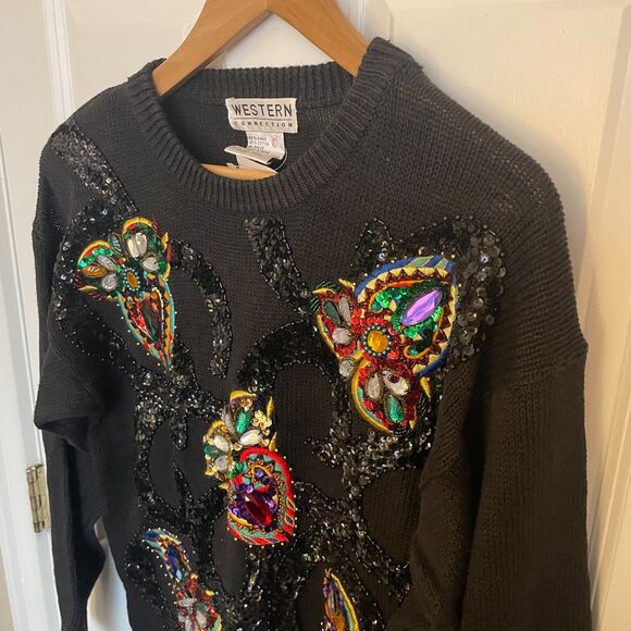 VTG Western Connection NWT 80s Sweater Beaded L Glam Sequin Gemstone Abstract - Picture 6 of 10